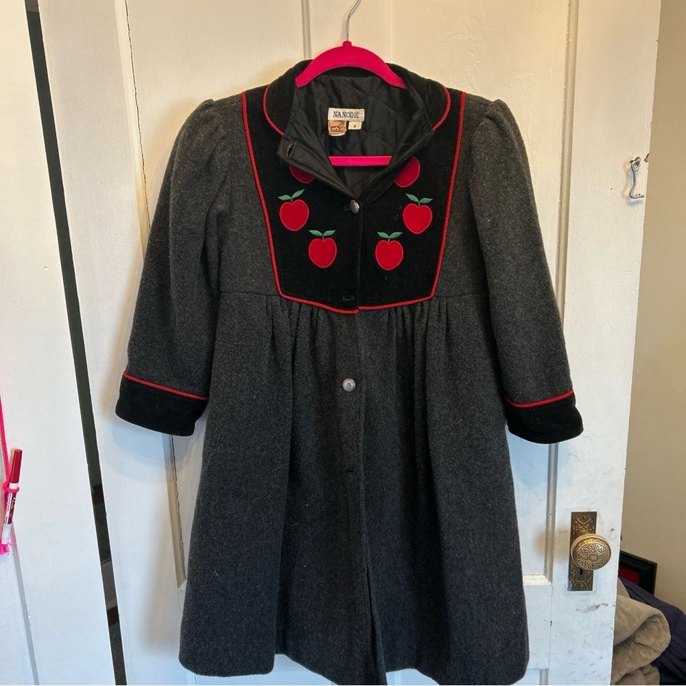 Nook Charcoal and Black Kids Pea Coat with Red Apple Embroidery